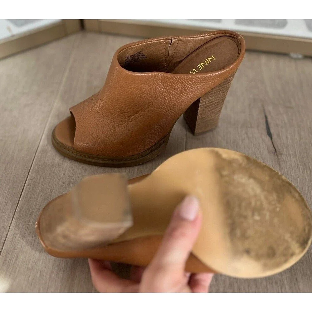 Nine West Lucky One Leather Women Heel Sandals Mules 7.5 M Slip On